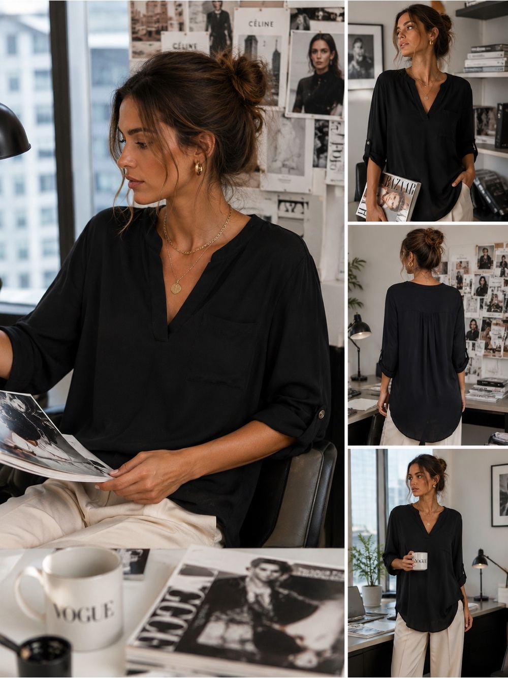 All In Favor Black Roll Tab Sleeve High-Low Blouse Size Large
